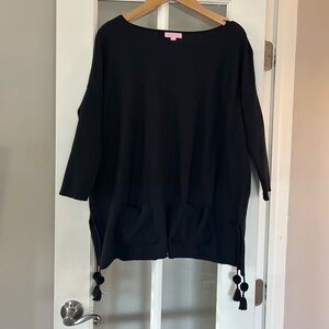 Lilly Pulitzer Elba Tunic Sweater Top Black Tassel 3/4 Sleeve Size S